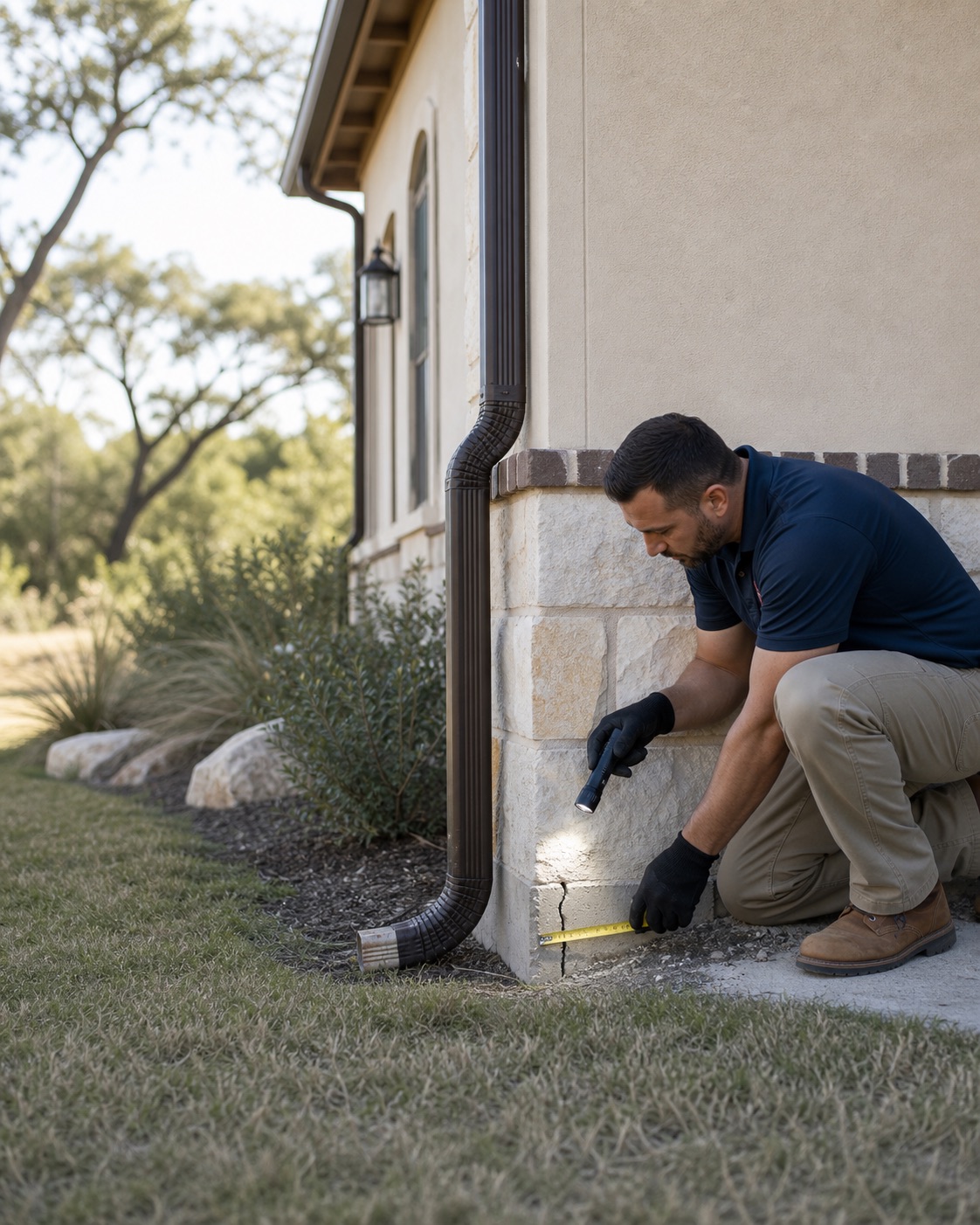 Foundation inspection beside a home